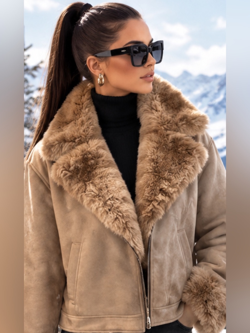 Catherine vegan 🌱 Tan Suede Shearling-Trim Jacket